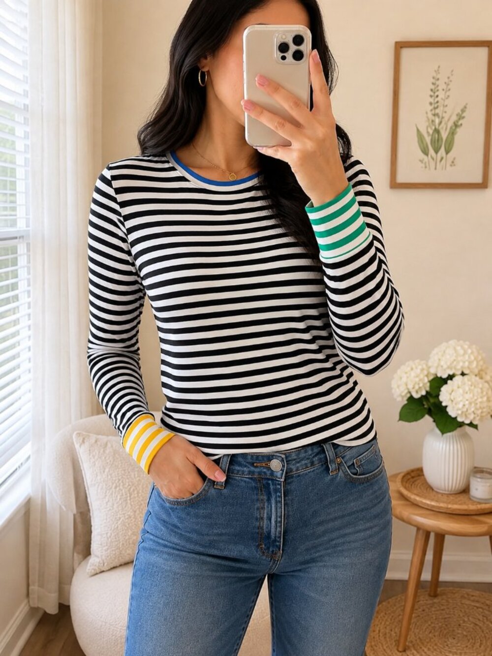POPSUGAR Black White Striped Long Sleeve Top Size L | Preppy Classic